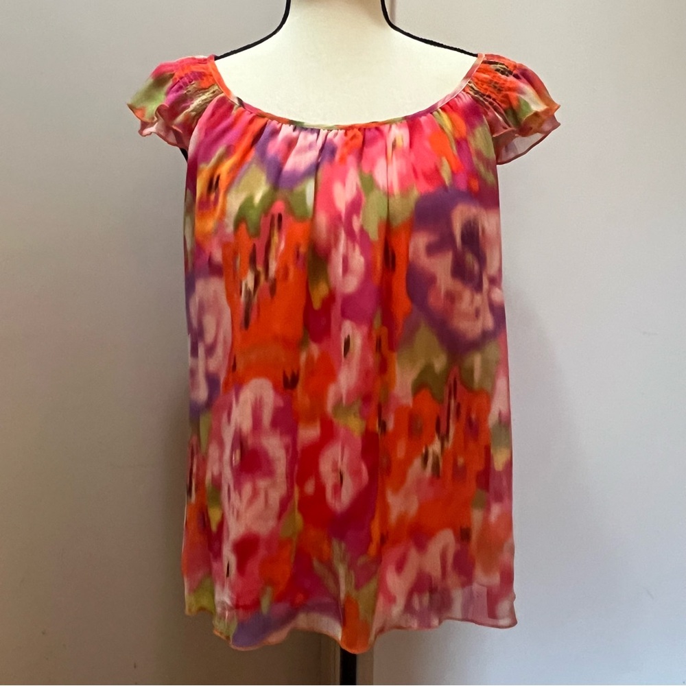 Spense Watercolor Ruffled Cap Sleeve Blouse w/Built In Cami - Size Large
